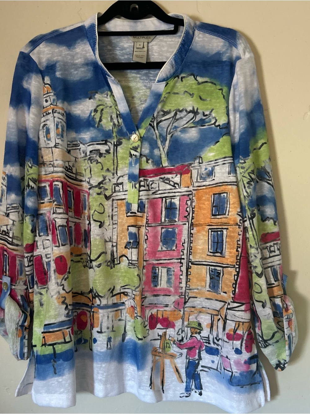 Multiples Shirt Artsy Colorful All Over City Print 3/4 Sleeve Blouse Size Small